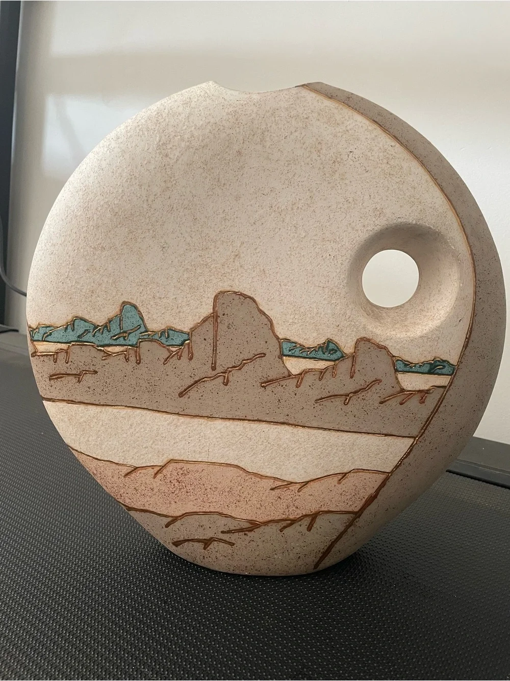 Vintage Southwest Ceramic Disc Moon Vase Hand Painted Natives Desert Gold Accent